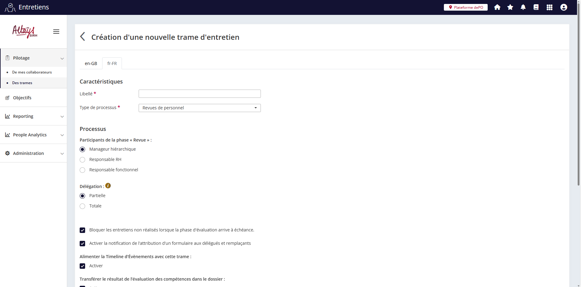 configuration de la trame